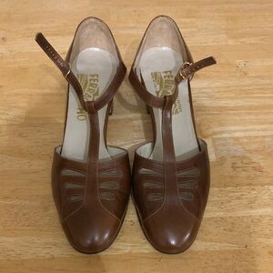 Salvatore Ferragamo Brown Leather T-Strap Heels